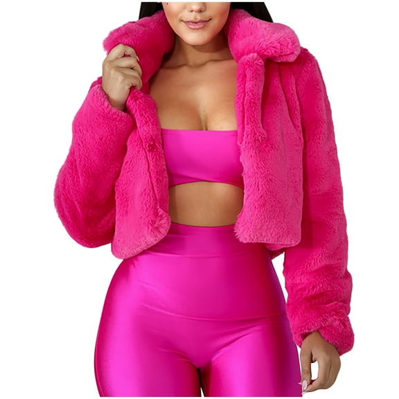 Lovskoo Womens Cropped Faux Fur Coat Winter Warm Fluffy Casual Lapel Jackets Warm Fuzzy Solid Color Outerwear Hot Pink