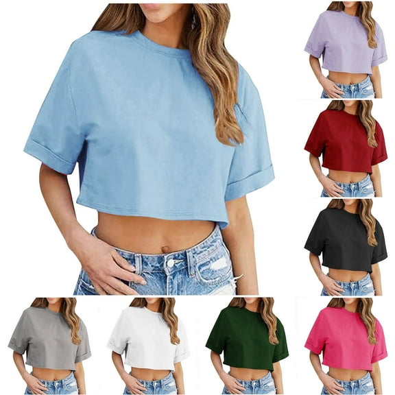 Lovskoo Womens Cropped T-Shirts Summer Rolled Short Sleeve Crop Tops Casual Round Neck Solid Short Basic Tees Red