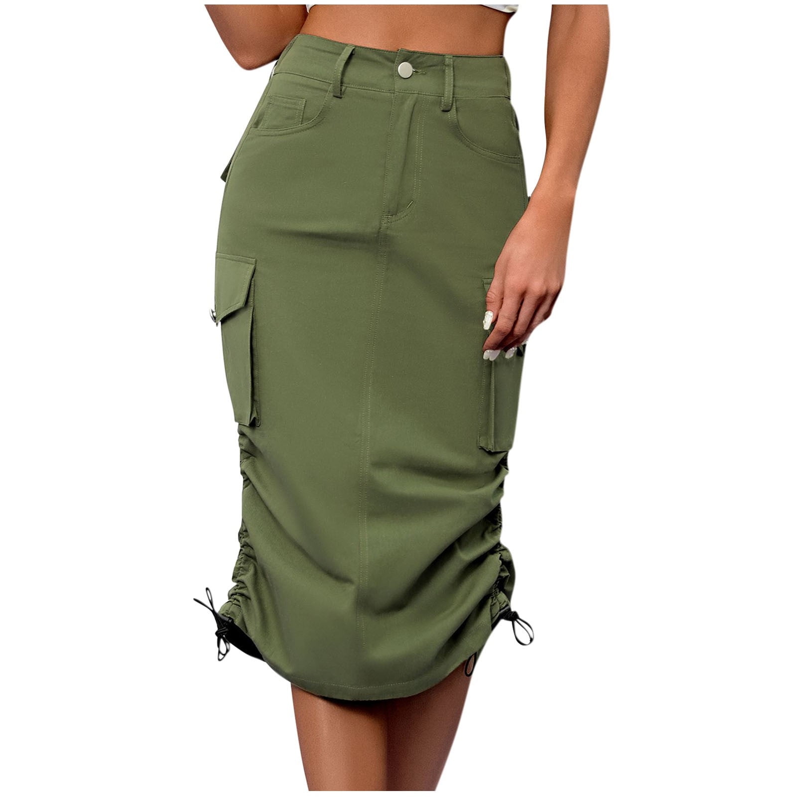 Lovskoo Womens Denim Cargo Skirt Y2K Drawstring High Waist Long Midi Jean Skirts with Pockets Streetwear Olive Green