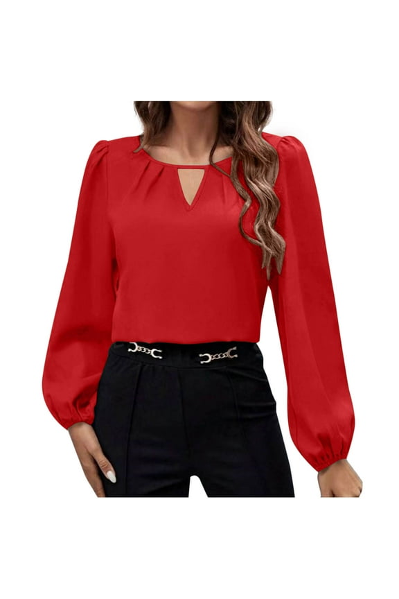 Womens Dressy Casual Blouse Keyhole Satin Silk Long Sleeve Shirts Business Work Tops Spring Fall Clothes 2025 Red