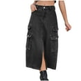 thumbnail image 1 of Lovskoo Womens Elastic Waist Denim Cargo Skirt Casual High Waist Split Front A-Line Jean Midi Skirts Gray, 1 of 4