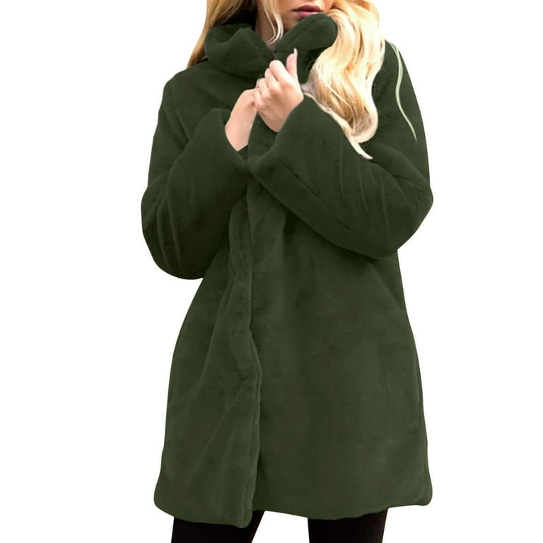 Lovskoo Womens Faux Fur Coats Stand Collar Lapel Jackets Loose Warm Fall Winter Fluffy Jacket Outwear Olive Green Women s Size 3XL