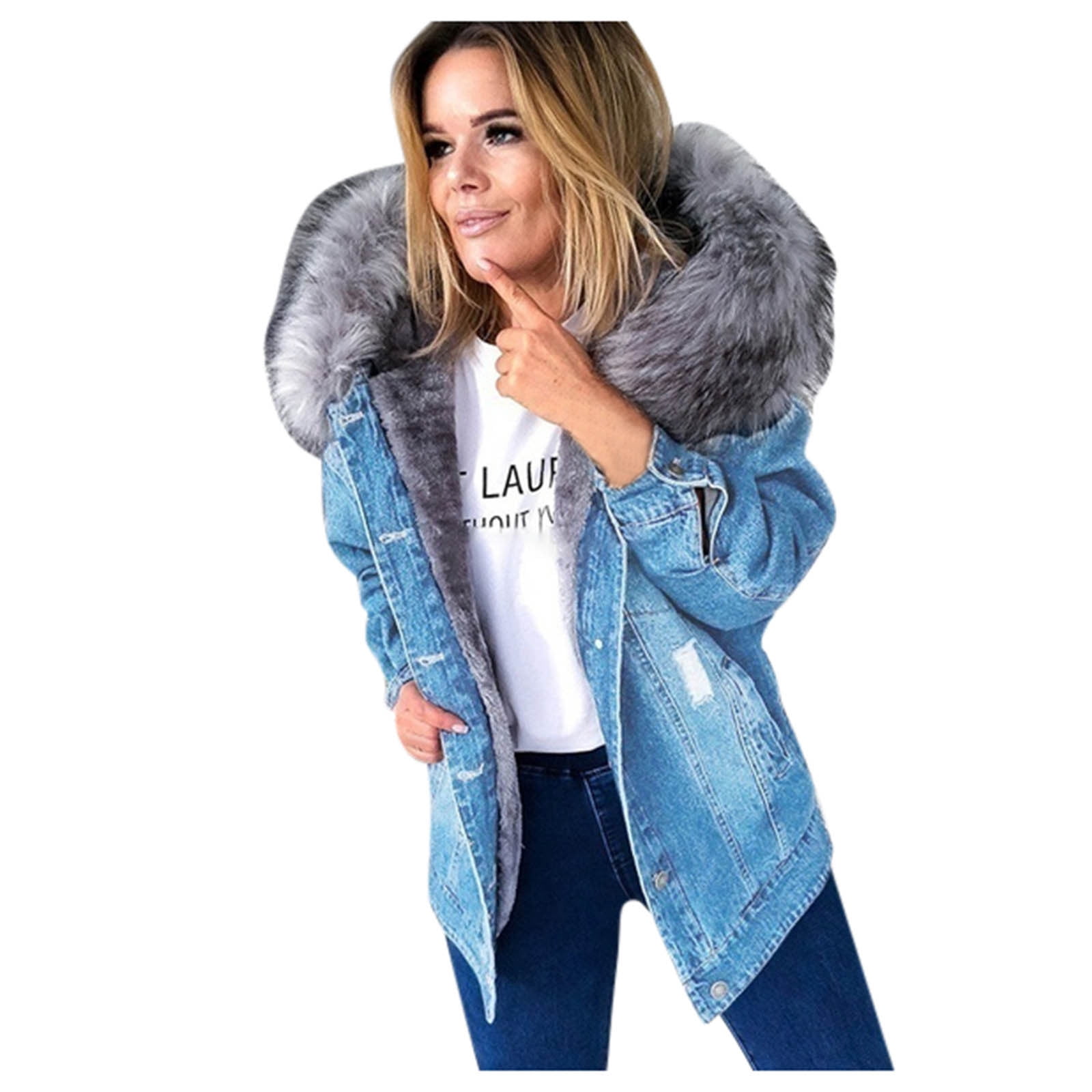 Light blue denim jacket shops with fur