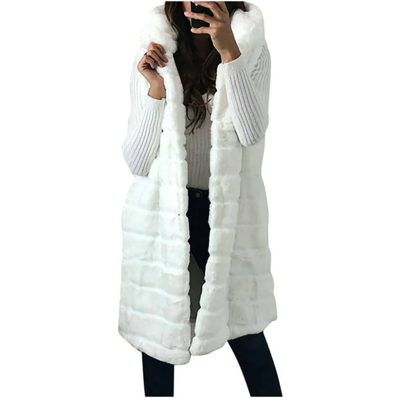Lovskoo Womens Faux Fur Hooded Gilet Vest Sleeveless Waistcoat Winter Body Warmer Jacket Coat Outwear Cardigan Long Gilet White 3XL