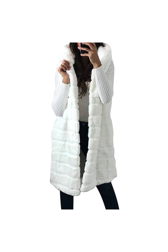 Womens Faux Fur Hooded Gilet Vest Sleeveless Waistcoat Winter Body Warmer Jacket Coat Outwear Cardigan Long Gilet White