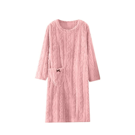 Lovskoo Womens Flannel Nightgown Fleece Tunic Pullover Solid Color Fuzzy Loungewear Oversized Fluffy Long Dress with Pockets Pink