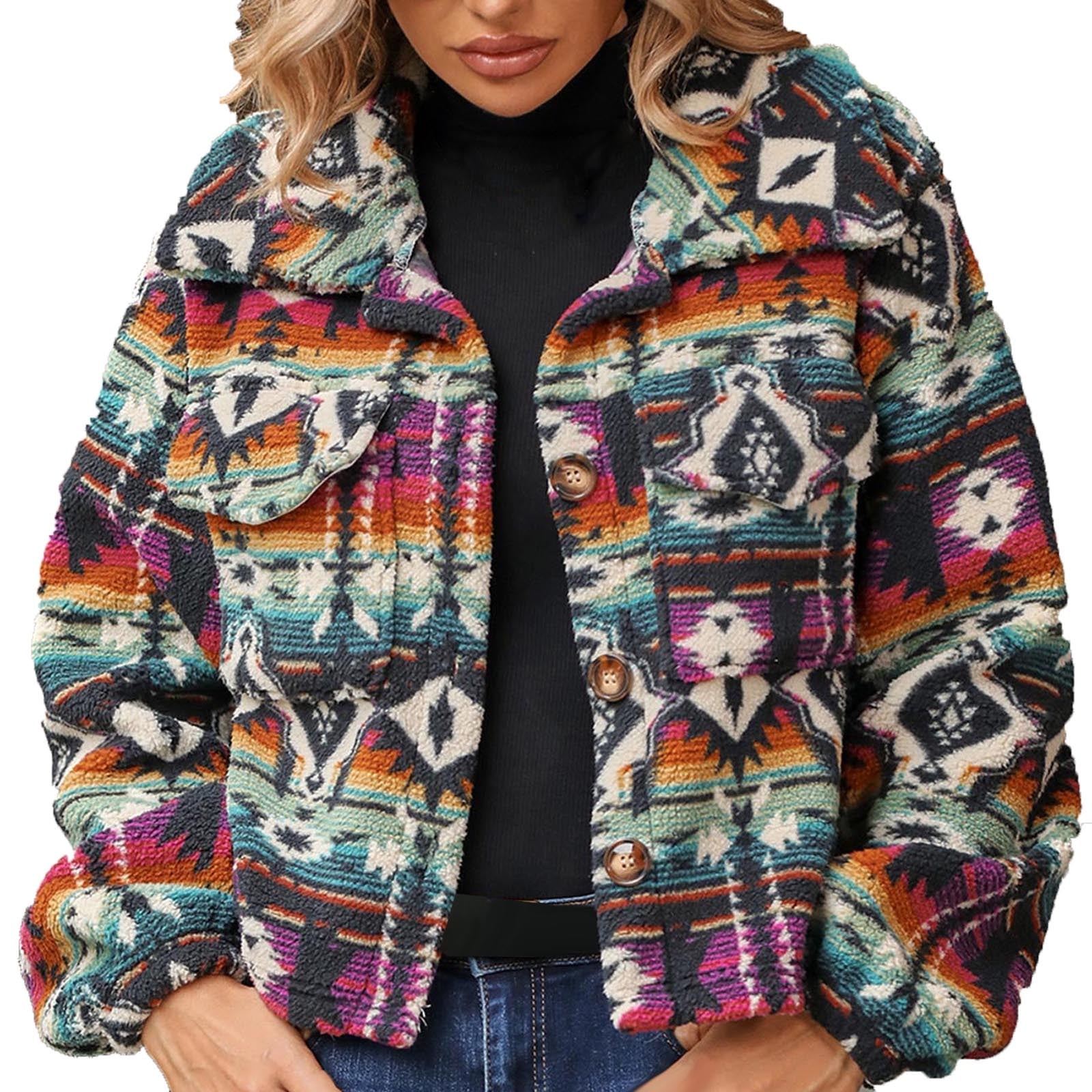 Lovskoo Womens Fleece Jacket Western Ethnic Print Long Sleeve