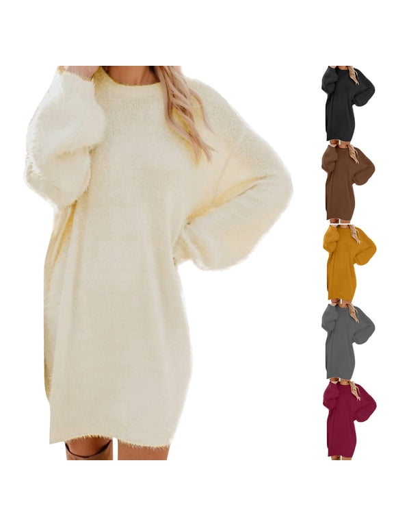 Womens Fleece Tunic Pullover Long Sherpa Dress Solid Color Fuzzy Sweatshirts Oversized Fluffy Dress with Pockets Beige