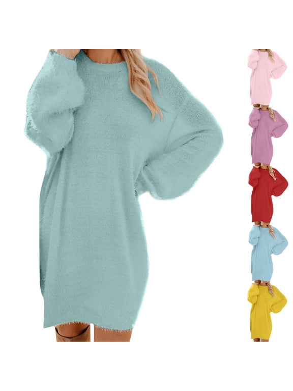 Womens Fleece Tunic Pullover Long Sherpa Dress Solid Color Fuzzy Sweatshirts Oversized Fluffy Dress with Pockets Light Blue