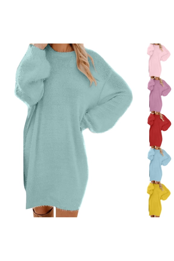 Womens Fleece Tunic Pullover Long Sherpa Dress Solid Color Fuzzy Sweatshirts Oversized Fluffy Dress with Pockets Sky Blue