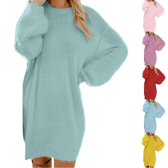 Lovskoo Womens Fleece Tunic Pullover Long Sherpa Dress Solid Color Fuzzy Sweatshirts Oversized Fluffy Dress with Pockets Sky Blue