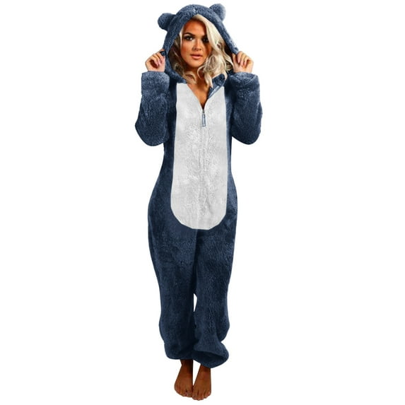 Lovskoo Womens Fluffy Hooded Jumpsuit Fuzzy Pajamas Long Sleeve Cute Ear One Piece Onesie Winter Warm Rompers Sleepwear Navy