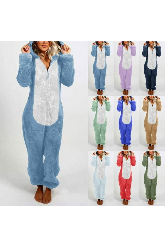 Womens Fluffy Hooded Jumpsuit Fuzzy Pajamas Long Sleeve Cute Ear One Piece Onesie Winter Warm Rompers Sleepwear Purple