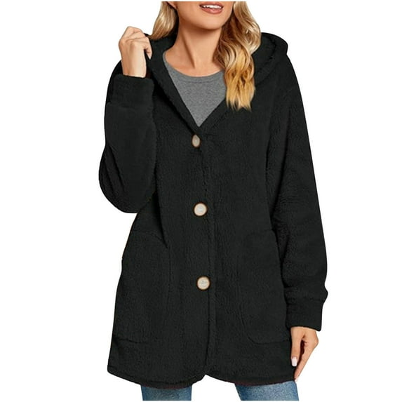 Lovskoo Women's Fuzzy Fleece Casual Hooded Sweatshirt Cardigan Button Up Solid Color Plush Long Sleeve Sweatshirt Jacket Black