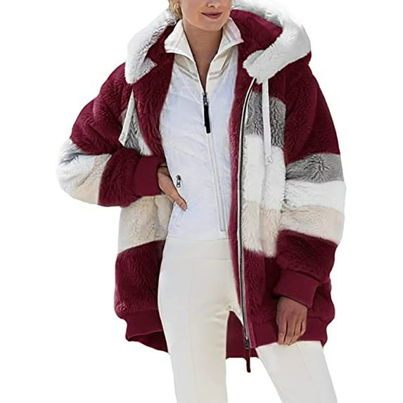 Lovskoo Womens Full Zip Up Hoodie Fuzzy Fleece Jacket Long Sleeve Open Front Loose Outerwear Patchwork Blouse Coat Tops Pockets Blouse Claret