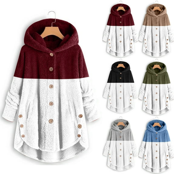 Lovskoo Womens Full Zip Up Hoodie Fuzzy Fleece Jacket Plus Size Button Fluffy Pullover Tops Long Sleeve Hooded Coat Blue