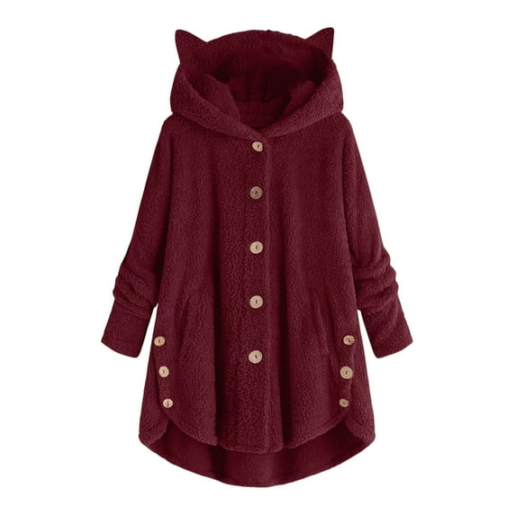 Lovskoo Womens Full Zip Up Hoodie Fuzzy Fleece Jacket Plus Size Button Fluffy Pullover Tops Long Sleeve Hooded Coat Claret