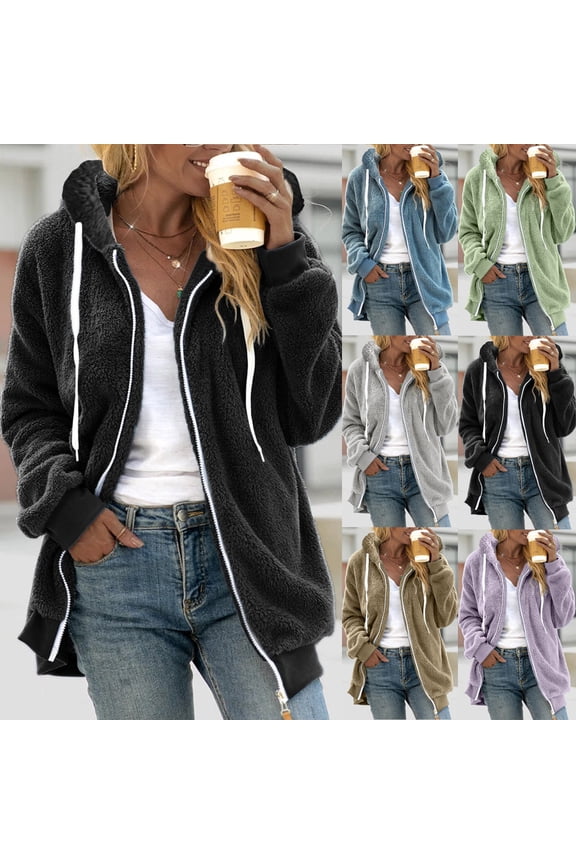 Womens Full Zip Up Hoodie Fuzzy Fleece Jacket Plus Size Fluffy Pullover Tops Long Sleeve Hooded Blouse Sweatshirt Blue