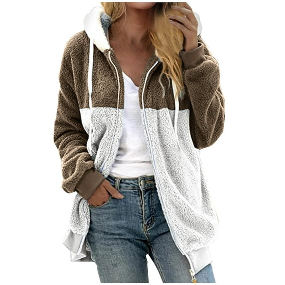 Lovskoo Womens Full Zip Up Hoodie Fuzzy Fleece Jacket Plus Size Fluffy Pullover Tops Long Sleeve Hooded Blouse Sweatshirt Khaki