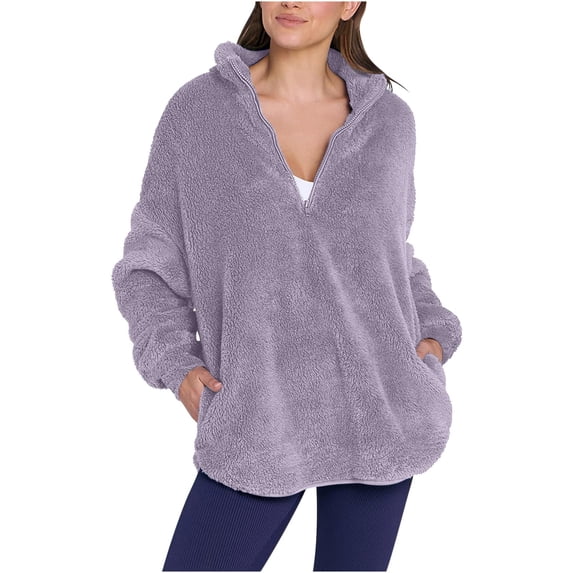 Lovskoo Womens Fuzzy Fleece Half-Zip Pullover Sweatshirt with Pockets Winter Fall Zipper Lapel Long Sleeve Casual Outerwear Purple
