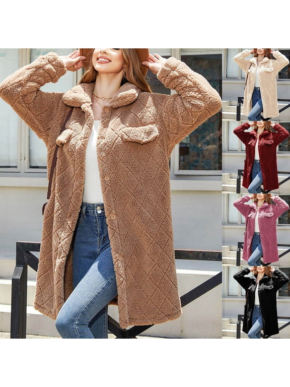 Womens Fuzzy Fleece Jacket Button Down Lapel Fluffy Shacket Winter Coat Long Sleeve Solid Color Faux Shearling Oversized Jacket Beige