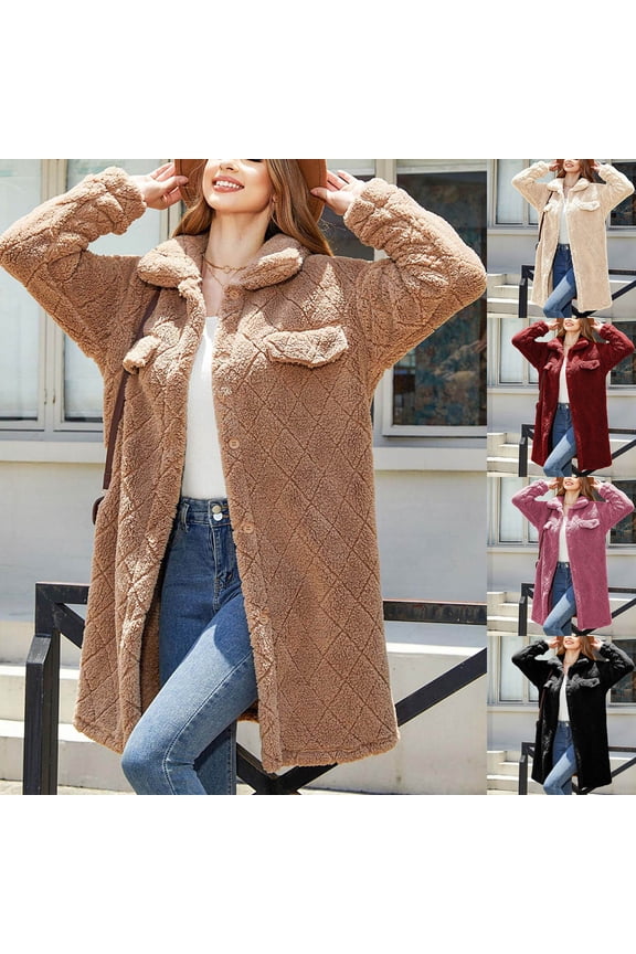 Womens Fuzzy Fleece Jacket Button Down Lapel Fluffy Shacket Winter Coat Long Sleeve Solid Color Faux Shearling Oversized Jacket Beige