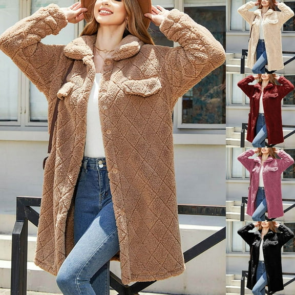 Lovskoo Womens Fuzzy Fleece Jacket Button Down Lapel Fluffy Shacket Winter Coat Long Sleeve Solid Color Faux Shearling Oversized Jacket Black