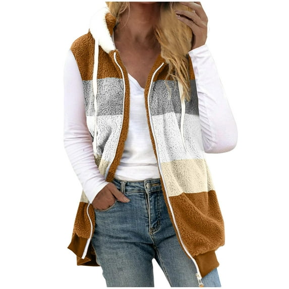 Lovskoo Womens Fuzzy Fleece Vest Cozy Sleeveless Winter Warm Vests with Pocket Zip Up Hooded Waistcoat Outerwear Brown