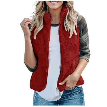Lovskoo Womens Fuzzy Sherpa Fleece Jacket Lightweight Vest Cozy Stand Collar Sleeveless Cardigan Zipper Waistcoat Outerwear With Pocket Red