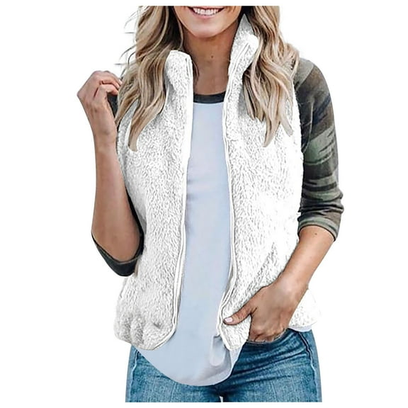 Lovskoo Womens Fuzzy Sherpa Fleece Jacket Lightweight Vest Cozy Stand Collar Sleeveless Cardigan Zipper Waistcoat Outerwear With Pocket White