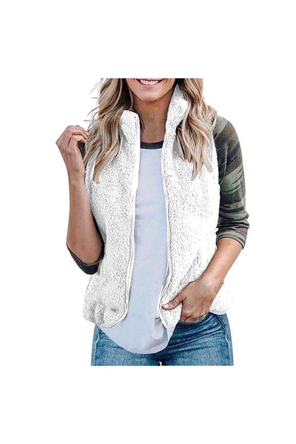Womens Fuzzy Sherpa Fleece Jacket Lightweight Vest Cozy Stand Collar Sleeveless Cardigan Zipper Waistcoat Outerwear With Pocket White