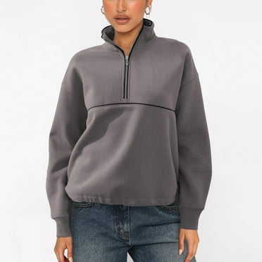 Lovskoo Womens Half Zip Sweatshirt color block long Sleeve collared Casual Pullover Tops Coffee