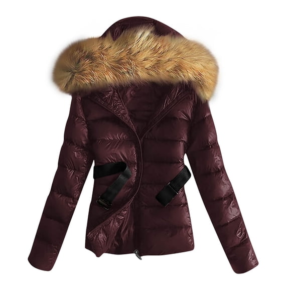 Lovskoo Womens Lightweight Puffer Jacket Winter Coats for Women Warm Quilted Padded Hood Coat with Faux Fur Collar Claret