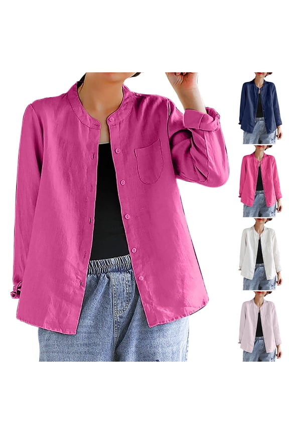 Womens Linen Button Down Shirt Casual Long Sleeve Loose Blouse Band Collared Cotton Blouse Tops 2025 Hot Pink