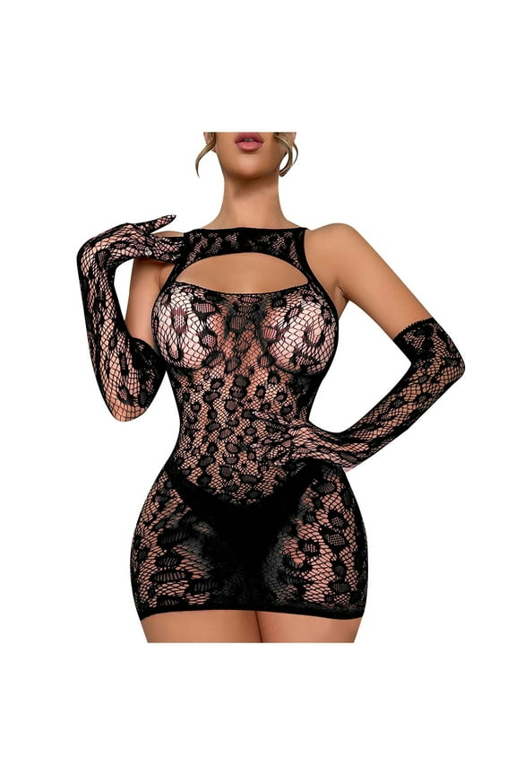 Womens Sleepwear Fishnet Dress Mesh Badydoll Sparkly Rhinestone Sleepwear High Elasticity Hollow Halter Neck Bodycon Dress Underwear Sheer Chemise Black