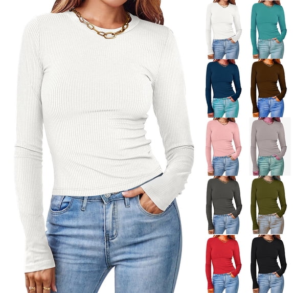 Lovskoo Womens Long Sleeve Shirts Fitted Tops Round Neck Slim T Shirts Going Out Tops Basic Tees Pink