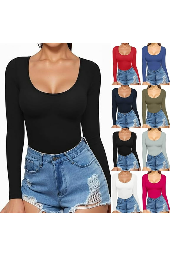 Womens Long Sleeve Shirts Fitted Tops Scoop Neck Slim T Shirts Going Out Tops Basic Tees Olive Green