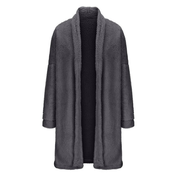 Lovskoo Womens Oversized Fuzzy Fleece Jacket Open Front Cardigan Winter Solid Color Pocket Plush Long Sleeves Lapel Coat Jacket Outerwear Gray