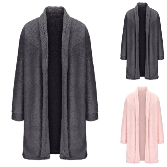 Lovskoo Womens Oversized Fuzzy Fleece Jacket Open Front Cardigan Winter Solid Color Pocket Plush Long Sleeves Lapel Coat Jacket Outerwear Gray
