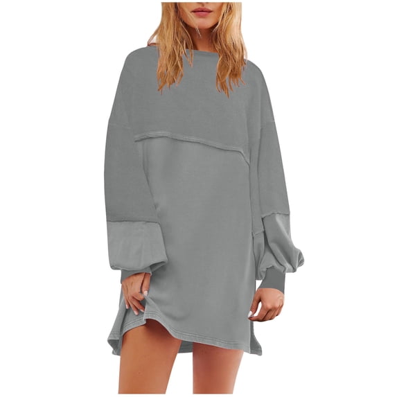 Lovskoo Womens Oversized Long Sleeve Patchwork Sweatshirt Dress Solid Color Crewneck Tunic Sweatshirts Fall Loose Pullover Top Gray