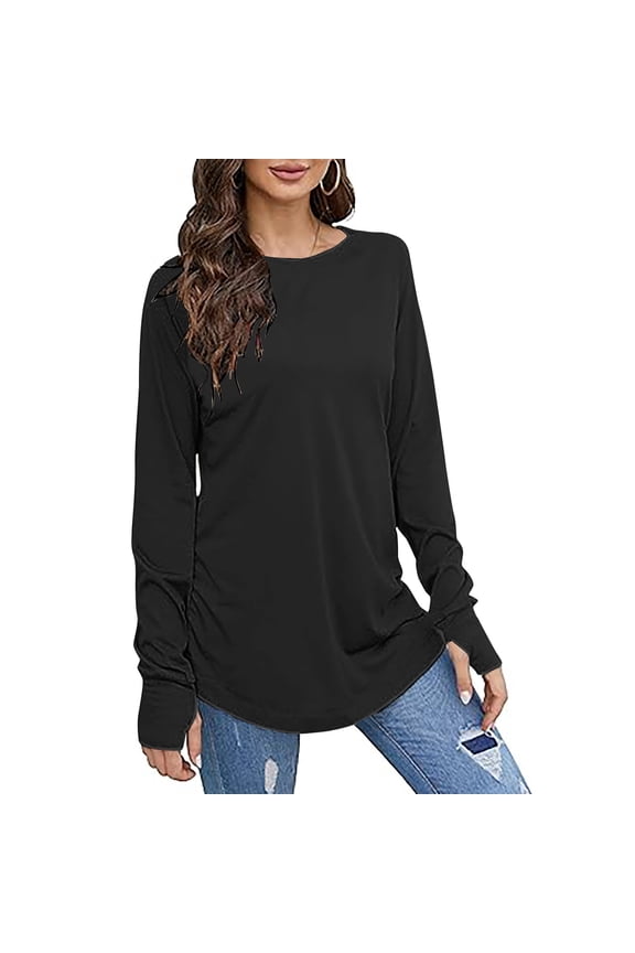 Womens Oversized Long Sleeve Shirts Solid Color Casual Loose Fit Tunic Tops with Thumb Holes Black
