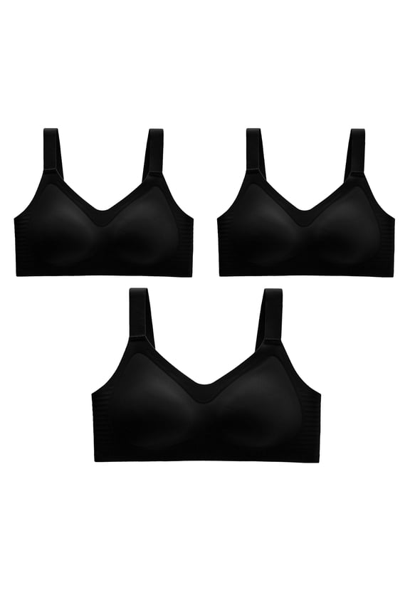 Womens Plus Bra Seamless Pack 3PC Ice Comfortable Bra Wireless Bra Full Figure Bra Push Up Bra V Neck Bra Black*3