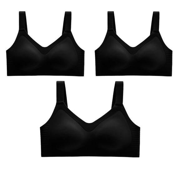 Lovskoo Womens Plus Bra Seamless Pack 3PC Ice Comfortable Bra Wireless Bra Full Figure Bra Push Up Bra V Neck Bra Black*3
