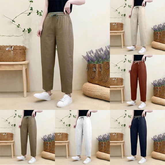 Lovskoo Womens Plus Size Linen Pants Casual Loose Elastic Waist Solid Color Comfy Lounge Baggy Pants with Pockets Khaki