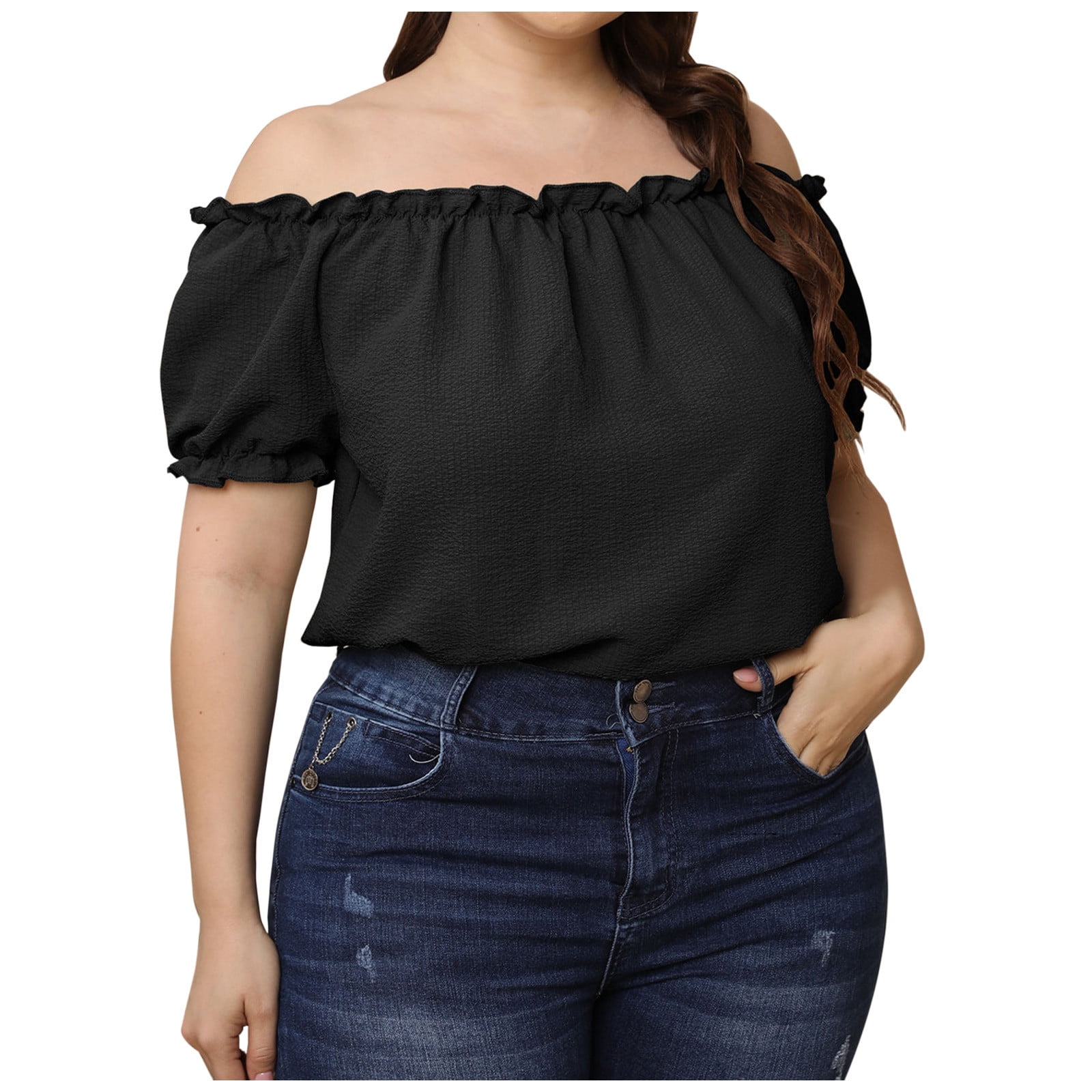 Lovskoo Womens Plus Size Off Shoulder Tops Summer Solid Color Straight Neck Shirt Black Walmart