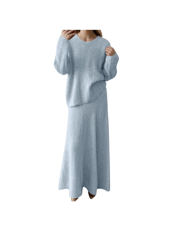 Womens Ribbed Knit Sweater Outfits Casual Loose 2 Piece Round Neck Pullover Elastic Waist Maxi Skirt Sets Blue