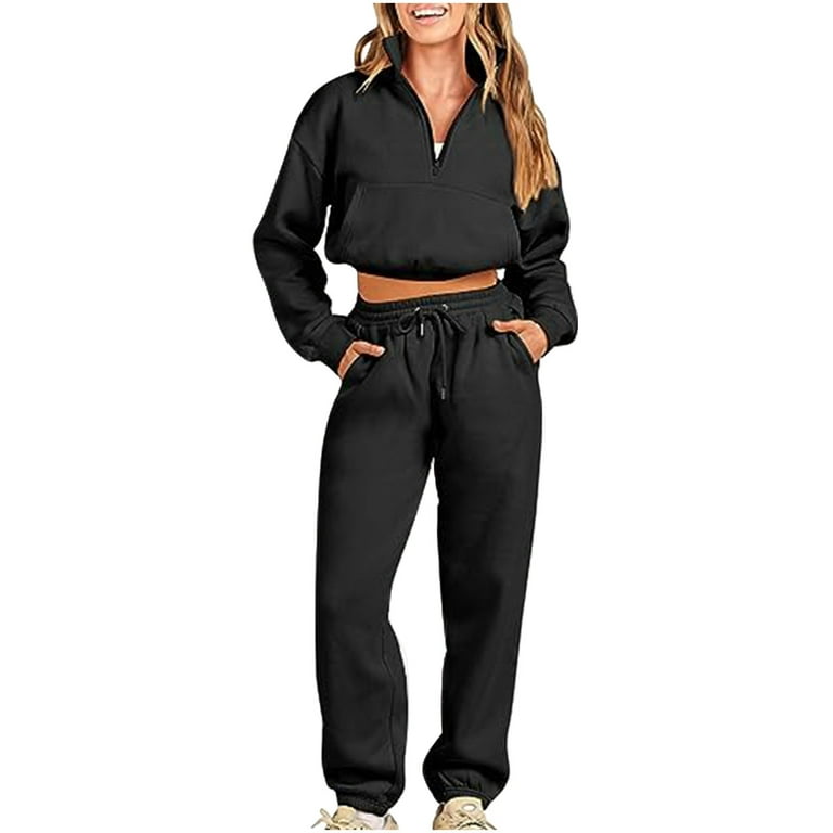 Lovskoo Womens Sets 2 Piece Outfits Sweatshirt Crop Top Long Sleeve  Pullover And Jogger Drawstring Sweatpants Casual Solid Color Quarter Zip  Lapel