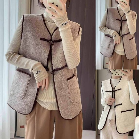 Lovskoo Womens Sherpa Vest Casual Warm Fuzzy Faux Shearling Vest Sleeveless Fleece Jacket Pockets Teddy Coat Gilet for Winter Khaki