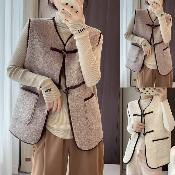 Lovskoo Womens Sherpa Vest Casual Warm Fuzzy Faux Shearling Vest Sleeveless Fleece Jacket Pockets Teddy Coat Gilet for Winter Khaki
