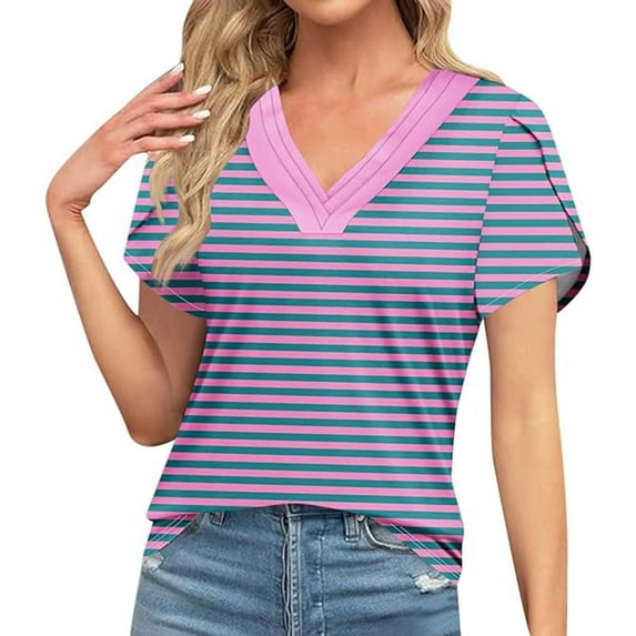 Lovskoo Womens Short Sleeve T Shirts Striped Color Blocking V-Neck Cute Basic Tee Summer Tops Dressy Casual Pink